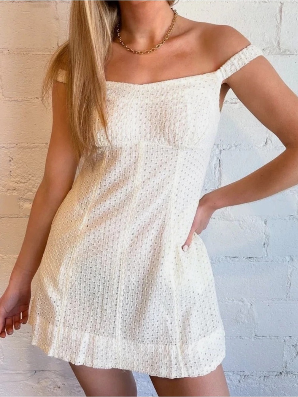 Free People Ivory One-Shoulder Eyelet Mini Dress